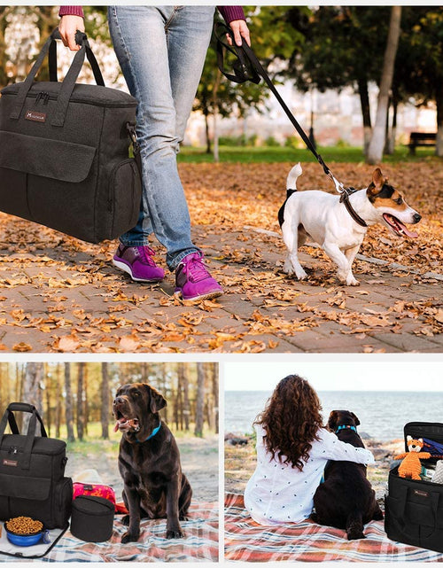 Load image into Gallery viewer, Dog Travel Bag by  - Dog Travel Kit for a Weekend Away Set Includes Pet Travel Bag Organizer for Accessories, 2 Collapsible Bowls, 2 Travel Food Container (Black)
