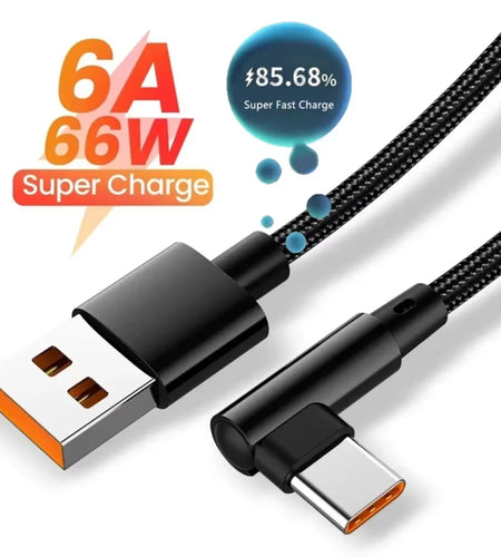 66W 6A USB C 90° Right Angle Cable for Xiaomi Fast Charging Cord for Honor Huawei Oneplus Realme Angled Data Wire Nylon