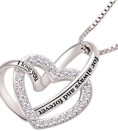 Jewelry Sterling Silver "I Love You for Always and Forever" Love Heart Cubic Zirconia Necklace