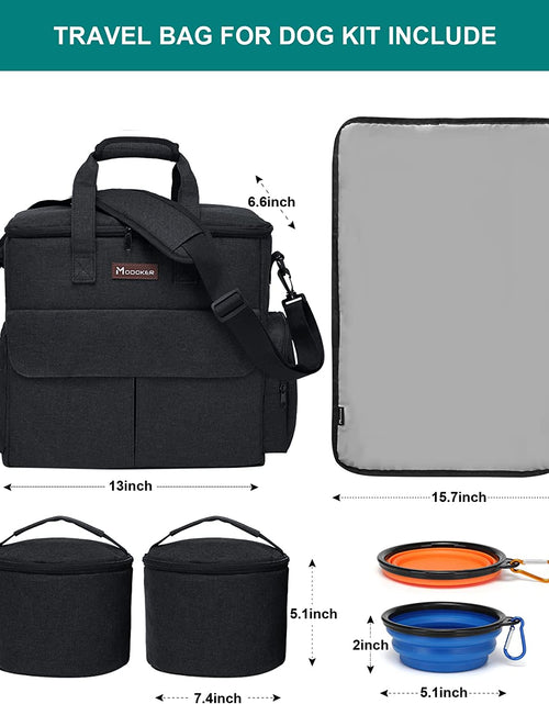 Load image into Gallery viewer, Dog Travel Bag by  - Dog Travel Kit for a Weekend Away Set Includes Pet Travel Bag Organizer for Accessories, 2 Collapsible Bowls, 2 Travel Food Container (Black)
