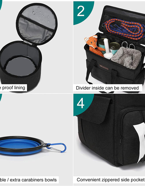 Load image into Gallery viewer, Dog Travel Bag by  - Dog Travel Kit for a Weekend Away Set Includes Pet Travel Bag Organizer for Accessories, 2 Collapsible Bowls, 2 Travel Food Container (Black)
