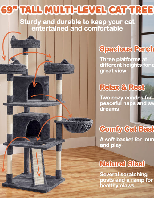 Load image into Gallery viewer, 69In Large Cat Tree Tower with Condos &amp; Scratching Board, Dark Gray
