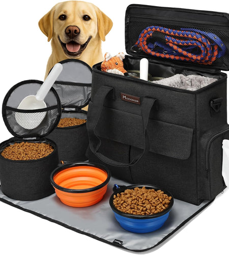 Dog Travel Bag by  - Dog Travel Kit for a Weekend Away Set Includes Pet Travel Bag Organizer for Accessories, 2 Collapsible Bowls, 2 Travel Food Container (Black)