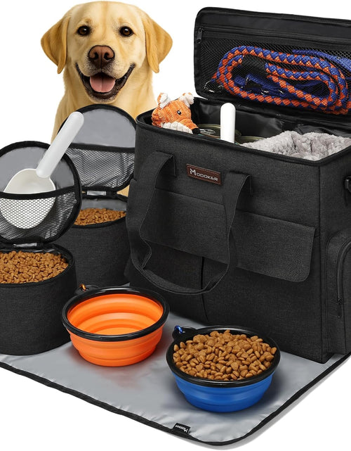 Load image into Gallery viewer, Dog Travel Bag by  - Dog Travel Kit for a Weekend Away Set Includes Pet Travel Bag Organizer for Accessories, 2 Collapsible Bowls, 2 Travel Food Container (Black)
