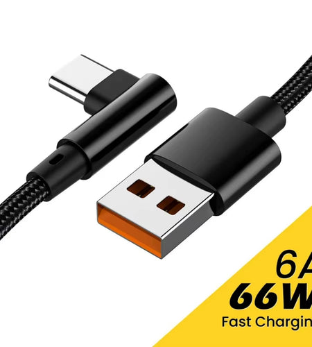 66W 6A USB C 90° Right Angle Cable for Xiaomi Fast Charging Cord for Honor Huawei Oneplus Realme Angled Data Wire Nylon